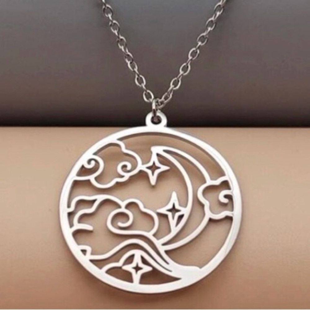 “Swirling Sky” Crescent Moon Stars Fluffy Cumulus Cloud Celestial Steel Necklace